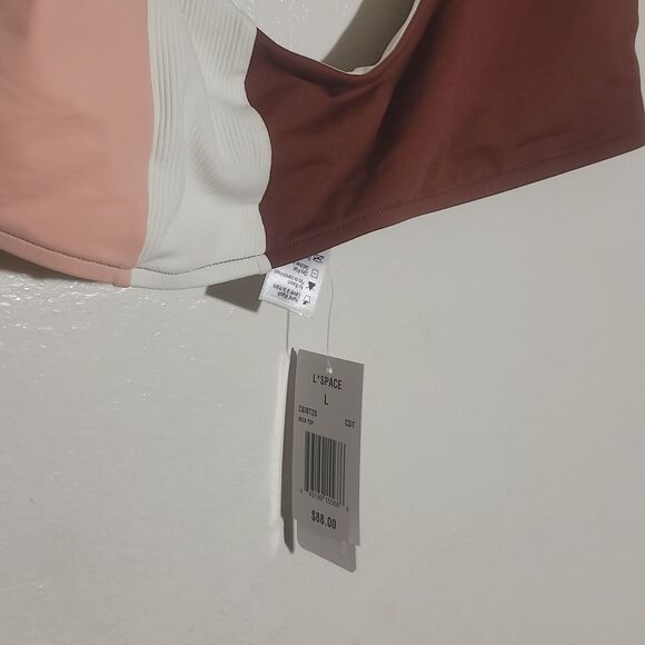 L * Space  by Monica Wise Swimsuit Top L NWT Color Block Ibiza Brown Pink White - Picture 4 of 8